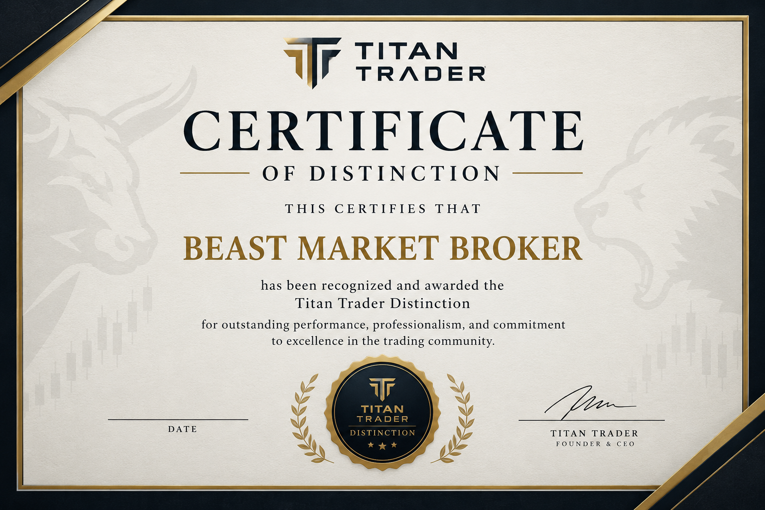 Titan Trader Certificate of Distinction awarded to Beast Market Broker